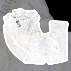 NOWT Playboy Vintage White w/ Silver Bling Velour Track-set, Sweatpants + Hoodie